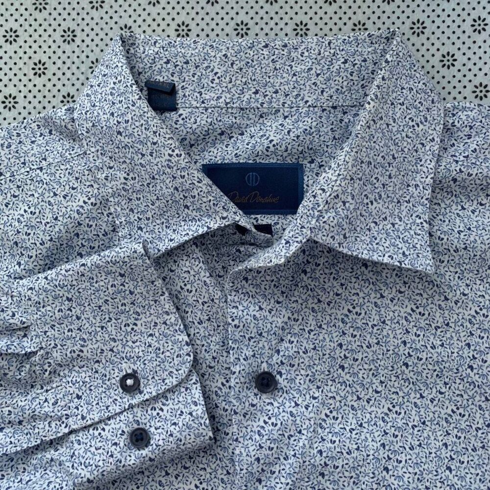 David Donahue Fusion Floral Cotton Dress Shirt Men's XL-XXL 18 Blue White